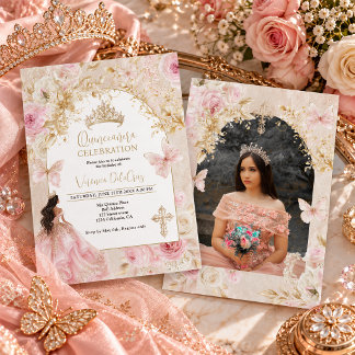 Invitation Couronne en or papillon floral rose Quinceañera