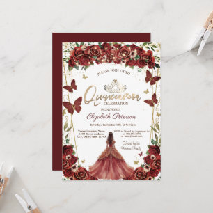 Invitation Couronne en or, papillons de fleurs rouges robe