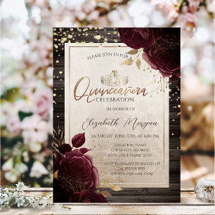 Invitation Couronne en or, roses bordeaux en bois Quinceañera