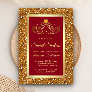 Invitation Couronne en paillettes de faux or princesse rouge