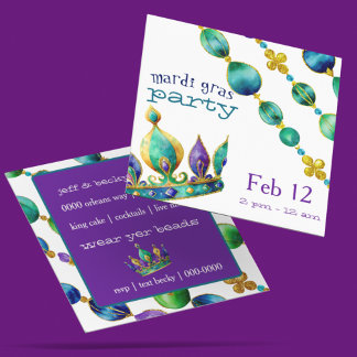 Invitation Couronne et colliers de perles de Mardi Gras 