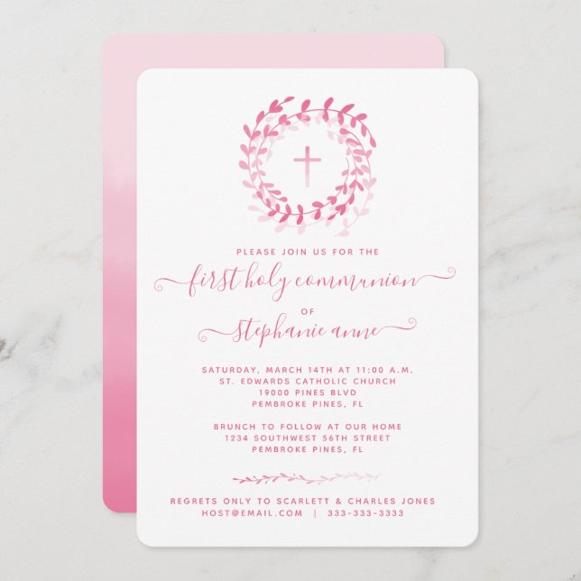Invitation Couronne et croix rose communion (Devant / Derrière)