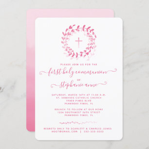 Invitation Couronne et croix rose communion