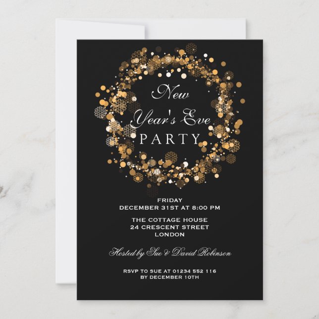 Invitation Couronne festive de fête du Nouvel An dorée (Devant)