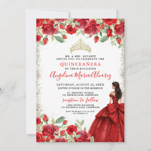 Invitation Couronne Fleurie de Quinceanera en Or Rouge
