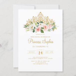 Invitation Couronne Fleurie Princesse Filles Rose Or Annivers