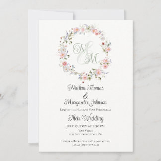 Invitation Couronne florale aquarelle monogramme de mariage