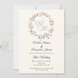 Invitation Couronne florale aquarelle monogramme de mariage