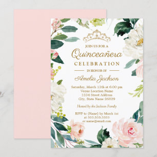 Invitation Couronne florale aquarelle rose Quinceanera