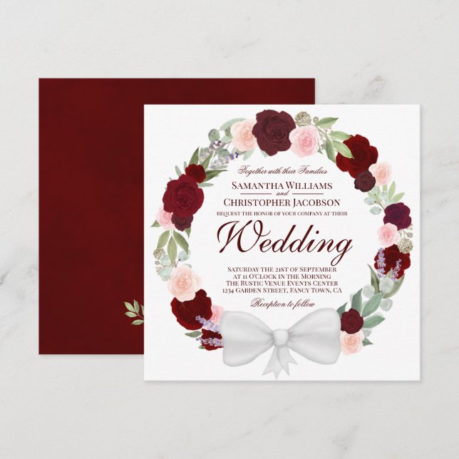 Invitation Couronne florale aquarelle rouge bordeaux pour mar (Devant / Derrière)