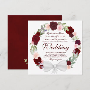 Invitation Couronne florale aquarelle rouge bordeaux pour mar