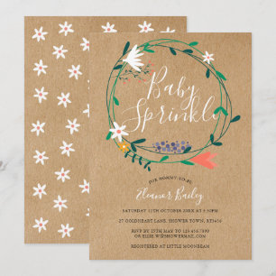 Invitation Couronne florale bébé sprinkle rustique kraft boho
