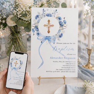 Invitation Couronne florale bleue arc garçon baptême