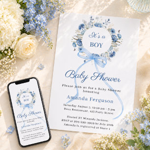 Invitation Couronne florale bleue avec noeud garçon Baby Show