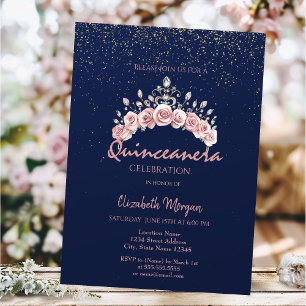 Invitation Couronne florale chic bleu marine pour Quinceañera