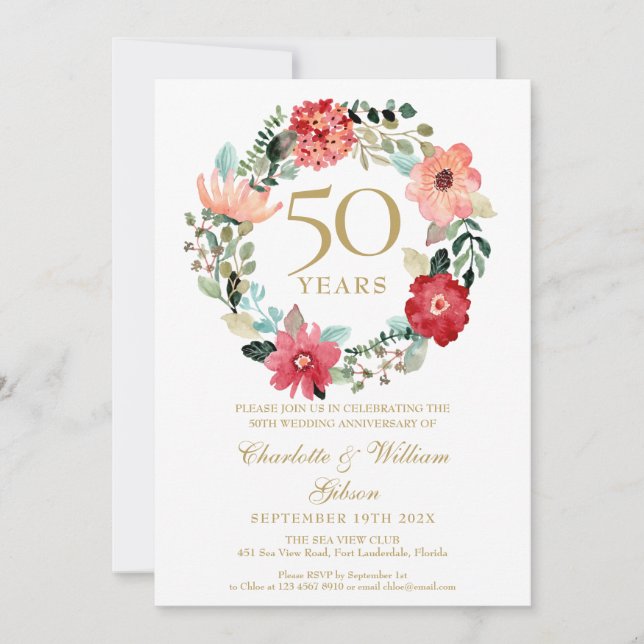 Invitation Couronne Florale Chic Or 50e Anniversaire de Maria (Devant)