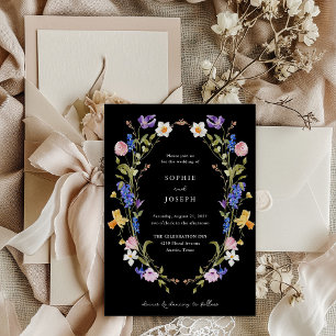 Invitation Couronne florale de Boho noir et brillant   Mariag