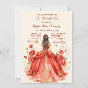 Invitation Couronne florale de princesse en or rouge Quinceañ