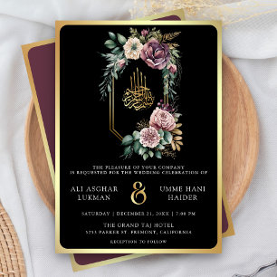 Invitation Couronne florale d'or violet Mariage musulman noir