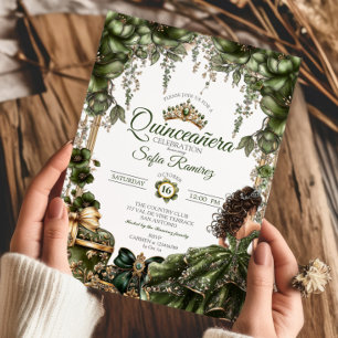 Invitation Couronne Florale Elégante Verte et Dorée pour Quin