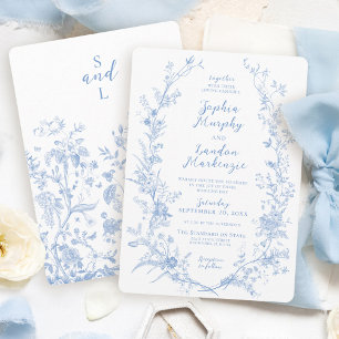 Invitation Couronne florale élégante vintage bleu français ma