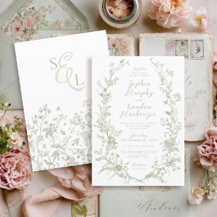 Invitation Couronne Florale Élégante Vintage Vert Sauge Maria