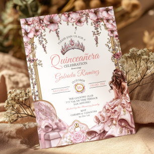 Invitation Couronne florale en argent rose fuchsia pour Quinc