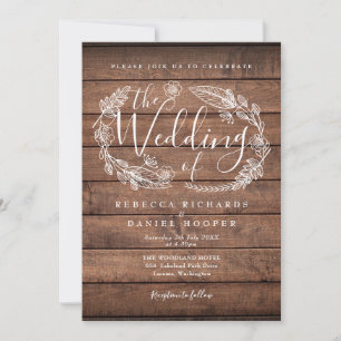 Invitation Couronne florale en bois rustique écriture mariage