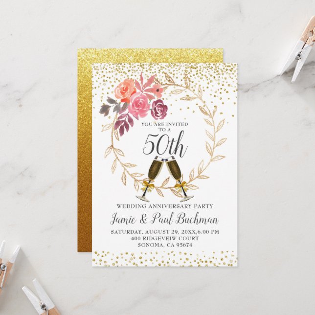 Invitation Couronne florale mariage anniversaire paillettes d (Devant/Arrière en situation)