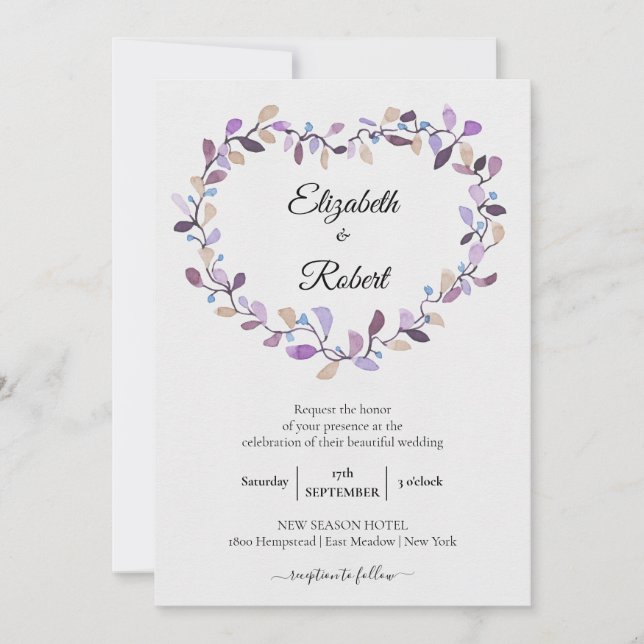Invitation Couronne florale | Mariage de feuillage rose viole (Devant)