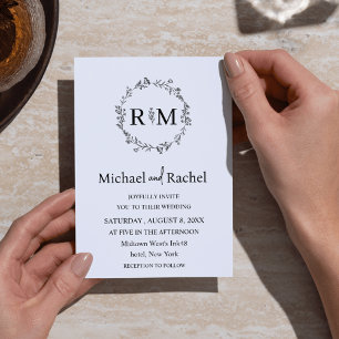 Invitation Couronne florale monogramme de mariage noir et bla