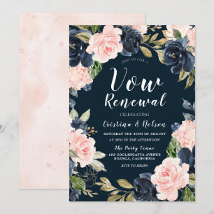 Invitation Couronne florale Navy Blush Renouvellement de vœux