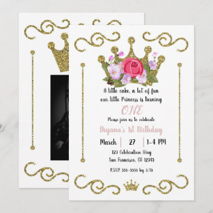 Invitation Couronne florale pailletée or Photo 1er anniversai