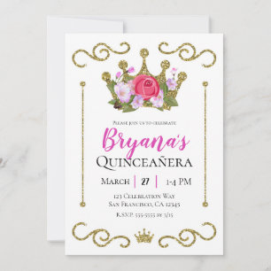 Invitation Couronne florale pailletée or pour fête de Quincea