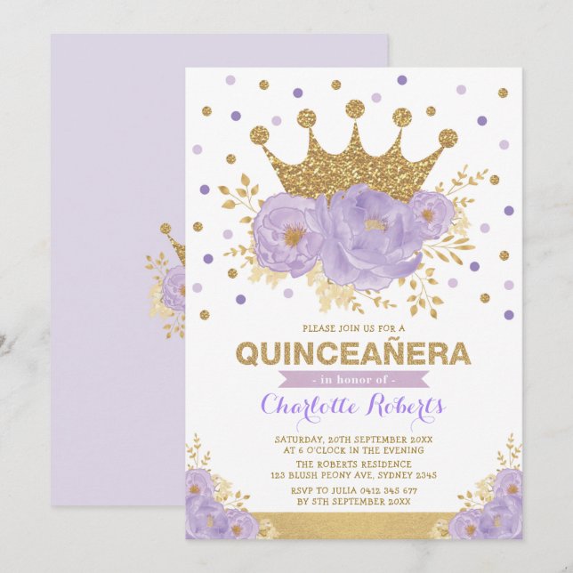 Invitation Couronne florale pourpre or Confetti Quinceañera (Devant / Derrière)