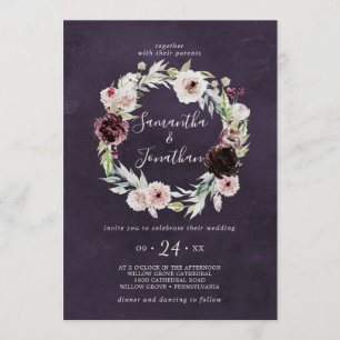 Invitation Couronne Florale Romance   Mariage de prune