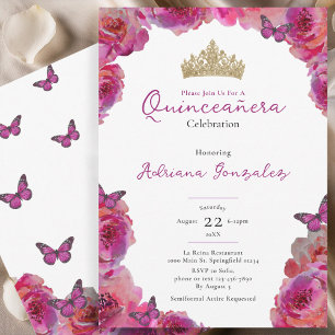 Invitation Couronne florale rose élégante Quinceanera