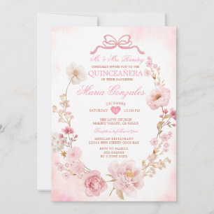 Invitation Couronne florale rose fuchsia Fille Coquette Quinc