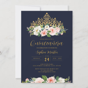 Invitation Couronne florale rose Navy Or Quinceanera