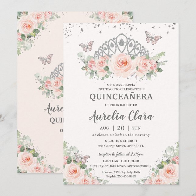 Invitation Couronne florale rose poudrée Quinceañera avec pap (Devant / Derrière)