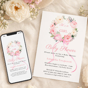 Invitation Couronne florale rose ruban fille Baby Shower