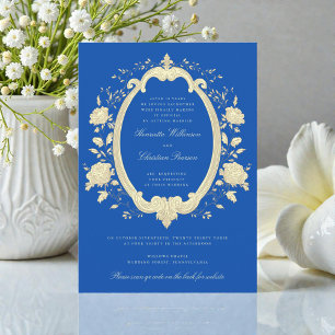 Invitation Couronne florale royale bleu or site web de mariag