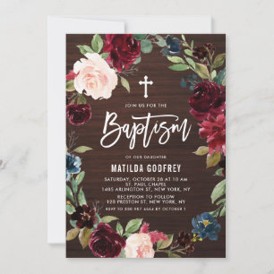 Invitation Couronne florale rustique en bois bordeaux pour ba