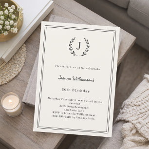 Invitation Couronne monogramme au charbon d'ivoire pour anniv