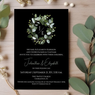 Invitation Couronne Monogramme Eucalyptus moderne   Black