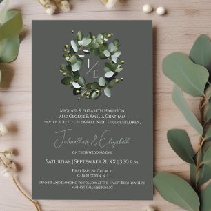 Invitation Couronne Monogramme Eucalyptus moderne   Gray