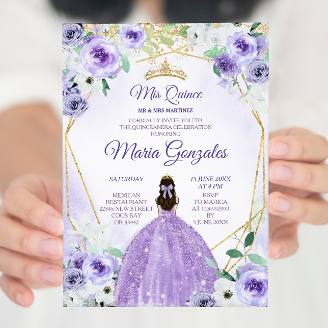 Invitation Couronne or et fleurs pourpres Quinceañera (Créateur téléchargé)