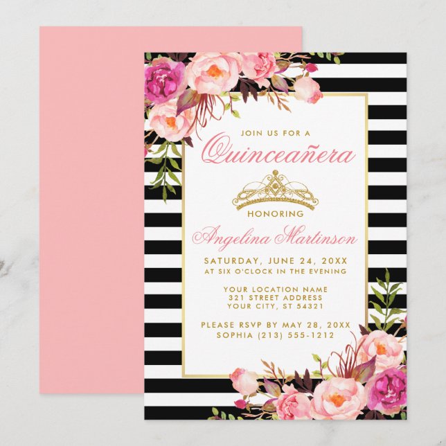 Invitation Couronne or Quinceanera rayé rose floral (Devant / Derrière)