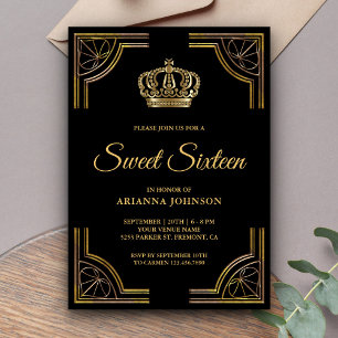Invitation Couronne Ornée de Noir Vintage Doré pour un Sweet