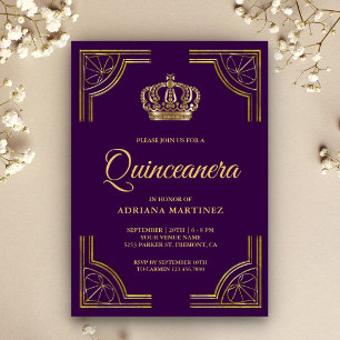 Invitation Couronne ornée vintage violette et or Quinceanera